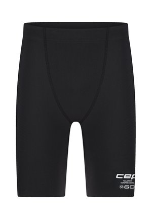 Schwarze, maßgeschneiderte Kompressionsshorts mit sichtbaren Nahtlinien und weißem "cep"-Logo sowie Schriftzug am unteren rechten Bein.