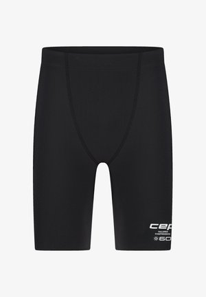 Black tailored compression shorts with visible seam lines and white "cep" logo and text on the lower right leg.