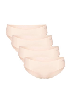 Fire sømløse beige hipster-trusser til kvinder med bølgede kanter, arrangeret i en trappetrinsrække på en hvid baggrund.