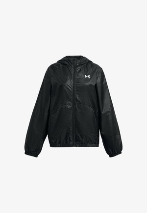 Chaqueta ligera negra con cremallera frontal, puños elásticos y bolsillos laterales. Presenta una capucha y un logo blanco en el pecho. Textura suave.