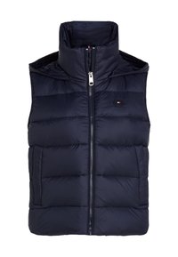 Marineblaue Steppweste mit hohem Kragen, vorne mit Reißverschluss und Logodetail. Verfügt über gesteppten Abschnitte und leichtes, wasserabweisendes Material.