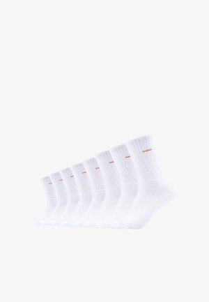 White cotton crew socks with ribbed texture and small orange accent on the cuff, arranged in a sequence of eight pairs.