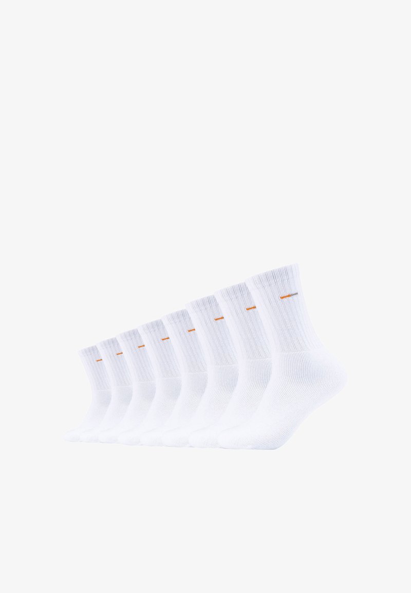 Weiße Baumwollcrew-Socken mit gerippter Textur und kleinem orangefarbenen Akzent am Bund, angeordnet in einer Reihenfolge von acht Paaren.