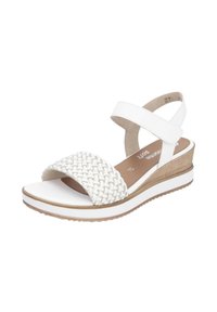 Sandales compensées blanches avec un design tissé sur la sangle des orteils. Tige en cuir lisse, sangle de cheville réglable et semelle texturée.