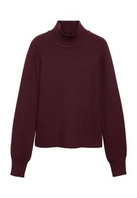 Burgunderfarbener Rollkragenpullover aus geripptem Strick. Verfügt über lange Ärmel und einen lockeren Schnitt mit hohem Kragen für zusätzliche Wärme.