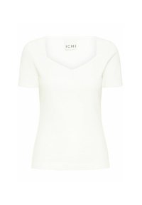 White short-sleeve top with a square neckline, made from a smooth fabric, featuring a fitted design and minimal detailing.