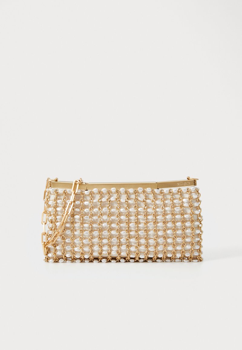 Gold metal chain clutch bag with a pearl detailing design. Features a structured rectangular shape and a top zipper closure. Removable chain strap.