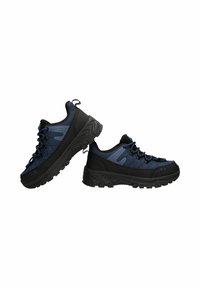 Scarpe da trekking blu navy con accenti neri, materiale texturizzato, lacci rotondi e suole in gomma durevole con motivi di battistrada multidirezionali.