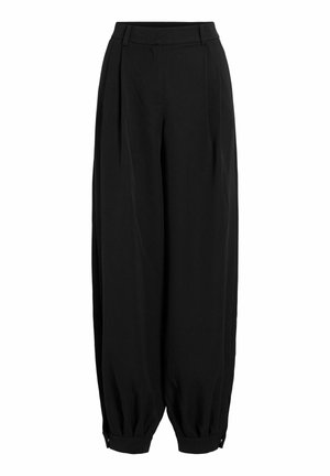 Pantalon noir taille haute à jambes larges avec plis, ourlets retroussés et passants de ceinture, présenté sur un fond blanc.
