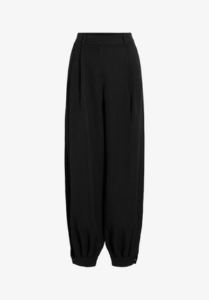 Pantalon noir taille haute à jambes larges avec plis, ourlets retroussés et passants de ceinture, présenté sur un fond blanc.