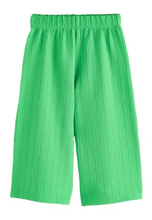 Pantalones acampanados de color verde brillante con patrón de rayas verticales texturizadas y cintura elástica, mostrados planos sobre un fondo blanco.