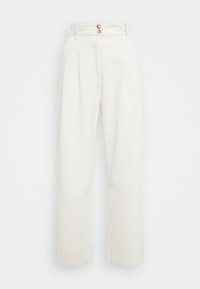 Crème kleurige broek met wijde pijpen, gemaakt van een gestructureerde stof, met een hoge taille, twee knopen aan de voorkant en een geplooid ontwerp.