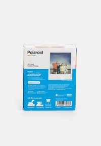 Polaroid instant photo film box, white with blue back, holds 16 color photos. Features icons for compatible camera types and product info.