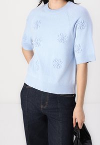 Hellblauer kurzärmeliger Strickpullover mit Blumenstickerei, Rundhalsausschnitt und geripptem Saum, kombiniert mit dunklen Jeans.