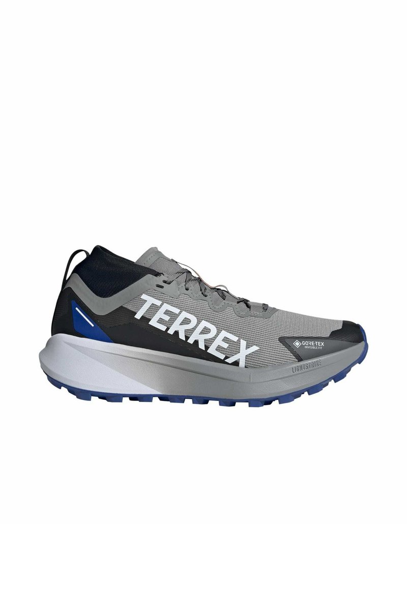 Scarpa da ginnastica grigia con accenti neri e blu, etichetta Gore-Tex, tomaia testurizzata e suola flessibile progettata per attività all'aperto.