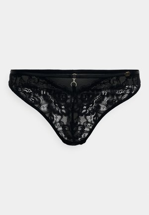 Schwarzes Spitzen-Thong mit Blumenmuster, das eine halbtransparente Vorderseite, verstellbare Träger und einen kleinen goldenen Hardware-Akzent auf der Rückseite aufweist.
