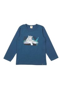 Blaues Langarmhemd aus Baumwolle mit einem grafischen Aufdruck eines weißen Tigers, umrahmt von grünen und blauen Pflanzenakzenten. Klassisches Rundhalsausschnitt-Design.