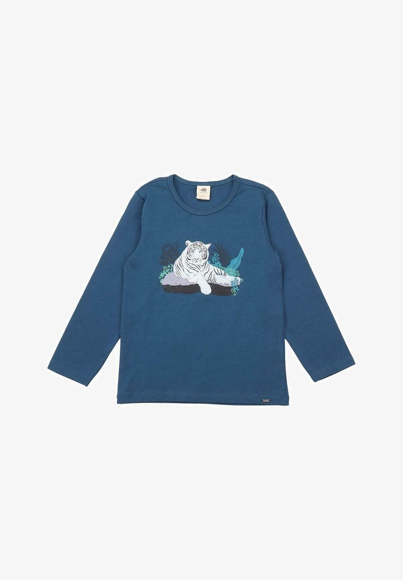 Blaues Langarmhemd aus Baumwolle mit einem grafischen Aufdruck eines weißen Tigers, umrahmt von grünen und blauen Pflanzenakzenten. Klassisches Rundhalsausschnitt-Design.