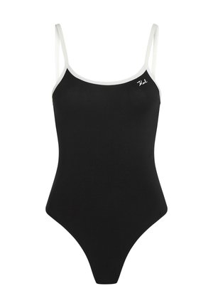 Maillot de bain une pièce noir avec fines bretelles blanches, encolure dégagée et jambes échancrées. Comprend un petit logo brodé sur la poitrine.