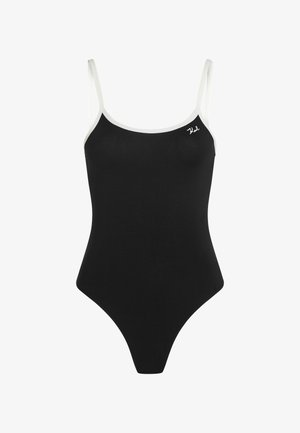 Costum de baie întreg negru cu bretele subțiri albe, decolteu rotund și picioare tăiate înalt. Include un logo mic brodat pe piept.