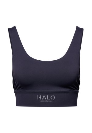 Marine-blå sportsbh med scoop-udskæring, lavet af glat stof. Har et logo forneden og brede skulderstropper for støtte.