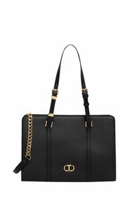 Black leather tote bag with gold hardware, featuring dual shoulder straps and a chic chain accent, complemented by vertical stitching.