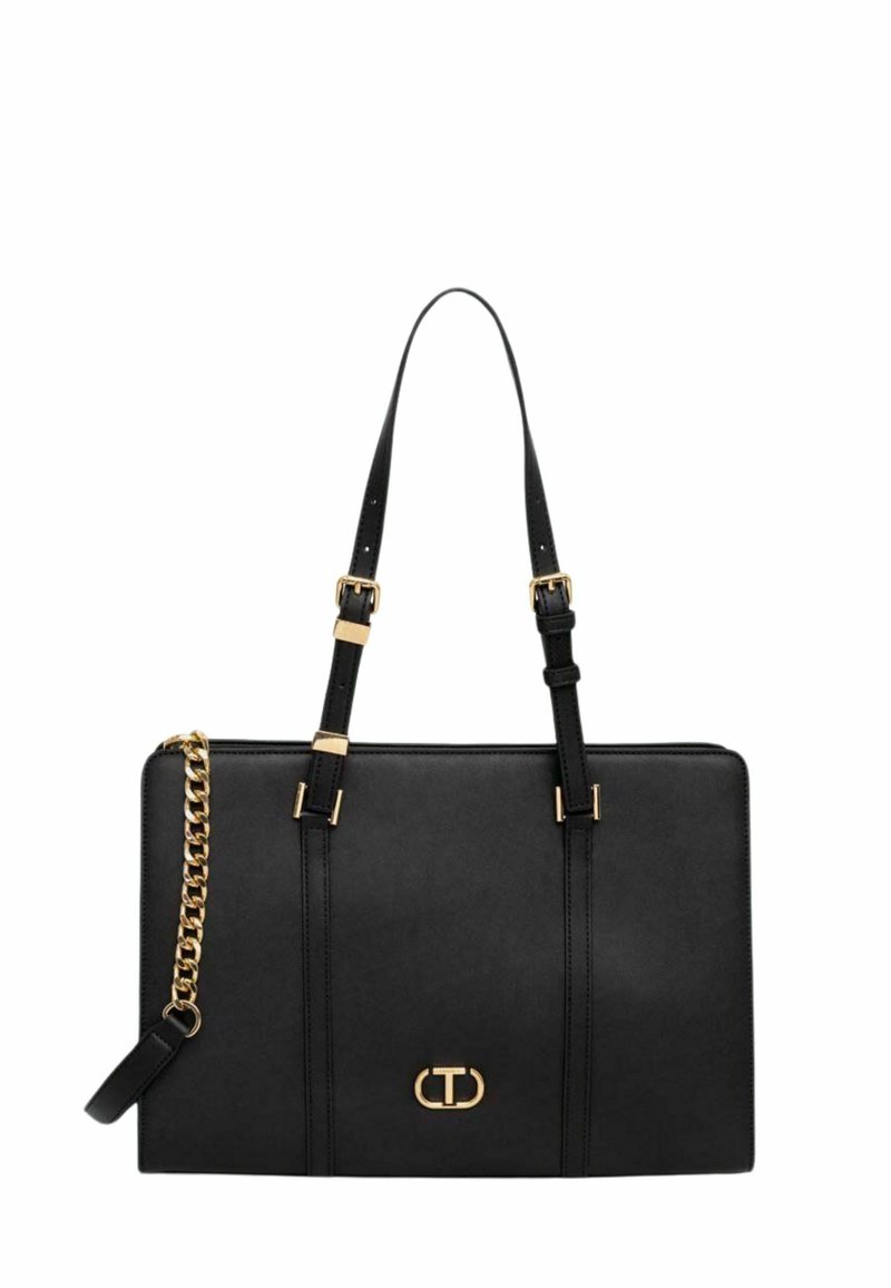 Black leather tote bag with gold hardware, featuring dual shoulder straps and a chic chain accent, complemented by vertical stitching.