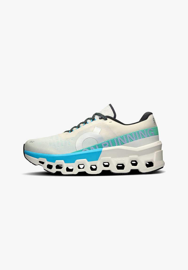 Sleek running shoes in white and turquoise with a mesh upper, hexagonal outsole, and bold "RUNNING" text on the side.