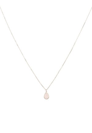 Silver chain necklace featuring a teardrop-shaped, pale pink pendant with a smooth surface and polished finish.