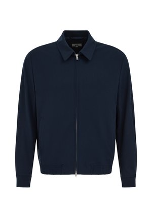 Tengerészkék könnyű dzseki teljes elülső cipzárral, hegyes gallérral, hosszú ujjakkal, elasztikus alsó szegéllyel és oldalzsebekkel.