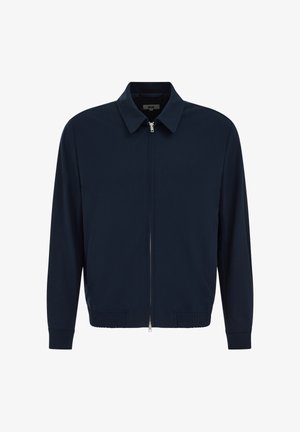 Veste légère bleu marine avec fermeture éclair intégrale à l'avant, col pointu, manches longues, ourlet élastiqué et poches latérales.