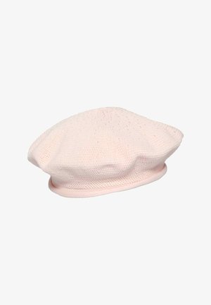 Light pink knitted beret hat with a soft, round, and slightly slouchy shape, displayed on a white background.
