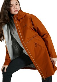Waterproof orange jacket with a hood, featuring a smooth gray lining, zip closure, and side pockets, designed for outdoor use.