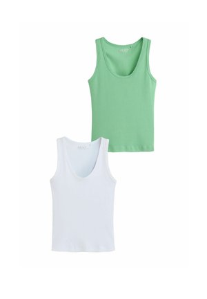 Twee mouwloze tanktops, één effen groen en één effen wit, plat uitgespreid op een witte achtergrond.