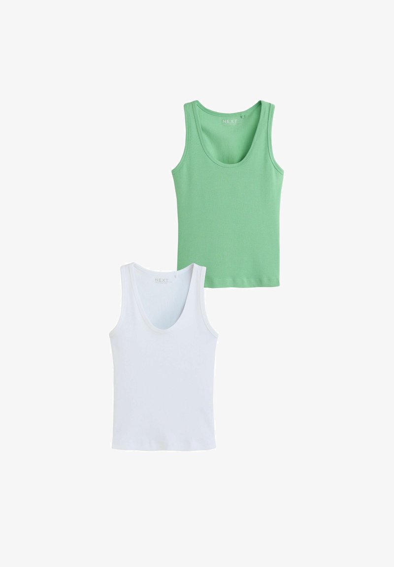 Two sleeveless tank tops, one solid green and one solid white, laid out flat on a white background.