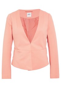 Blazer de couleur pêche à manches longues, col en V profond, coupe structurée et tissu subtilement texturé. Dispose d'une fermeture frontale unique.