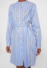 Robe rayée bleue et blanche avec des accents noirs, manches longues, boutonnière à l'avant, taille cintrée avec une ceinture, et détails plissés sur le côté.