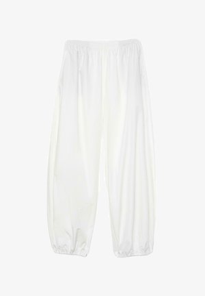 Ohlapne bele hlače z elastičnim pasom in elastičnimi manšetami na gležnjih, zasnovane za sproščeno prileganje.
