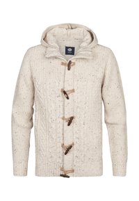 Maglione lavorato a maglia color crema con un motivo testurizzato, dotato di cappuccio e chiusura a toggles in legno davanti.
