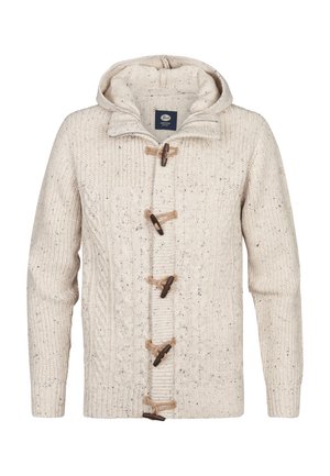 Cremefarvet strikket sweater med et tekstureret mønster, med hætte og træskanaler foran.