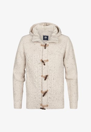 Crèmekleurige gebreide trui met een textuurpatroon, voorzien van een capuchon en houten togglesluitingen aan de voorkant.