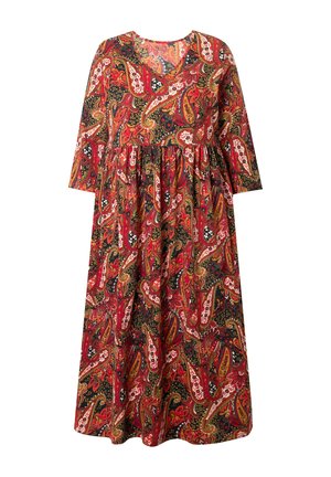 Lang, V-halskjole med trekvartærmer. Stoffet har et levende paisley-mønster i rød, gul og sort. Design med samlet talje.