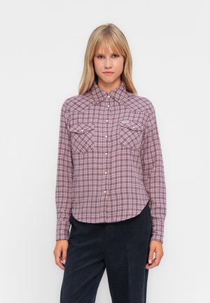Long-sleeve plaid shirt in purple and white, featuring two chest pockets, a button-up front, and a rounded hemline. Tailored fit.