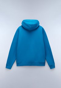 Felpa con cappuccio di un vivace colore blu, caratterizzata da una texture liscia, maniche lunghe e orli a coste. Vista posteriore.