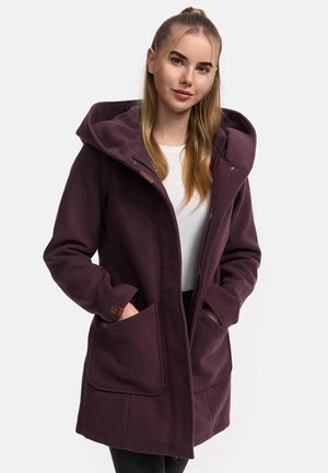 Maroon softshell coat with a large hood, two front pockets, and a button detail on cuffs. Smooth texture and mid-length design.