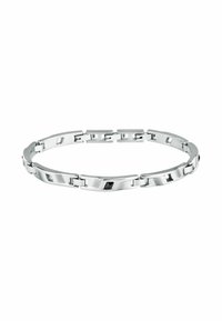 Bracciale in metallo argento con anelli intrecciati, con una combinazione di finiture lucide e opache, e piccole pietre nere decorativa.