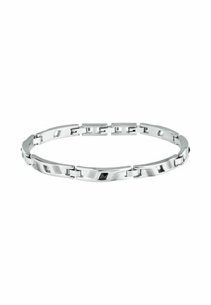 Bracciale in metallo argento con anelli intrecciati, con una combinazione di finiture lucide e opache, e piccole pietre nere decorativa.