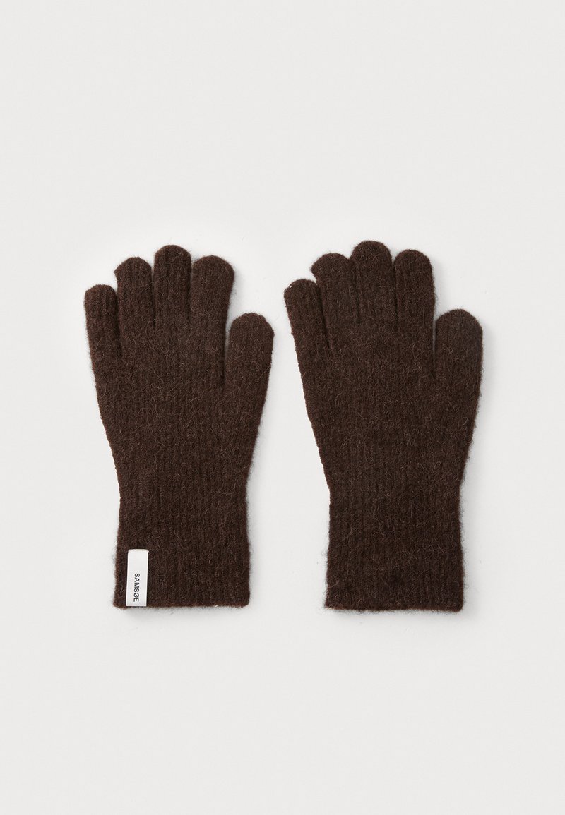 Brown knit gloves featuring a ribbed texture, five-finger design, and a small brand label at the wrist. Soft and warm material.
