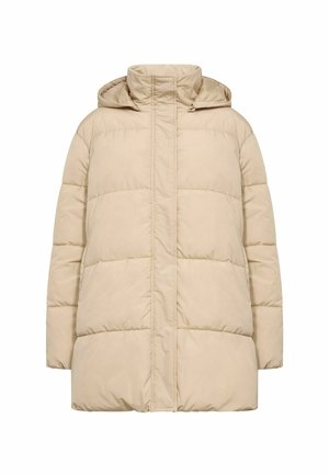 Giacca imbottita beige con cappuccio, caratterizzata da un alto colletto, texture trapuntata e chiusura frontale con zip. Adatta per le temperature invernali.