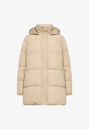 Veste rembourrée beige avec capuche, dotée d'un col haut, d'une texture matelassée et d'une fermeture éclair à l'avant. Convient pour les temps froids.